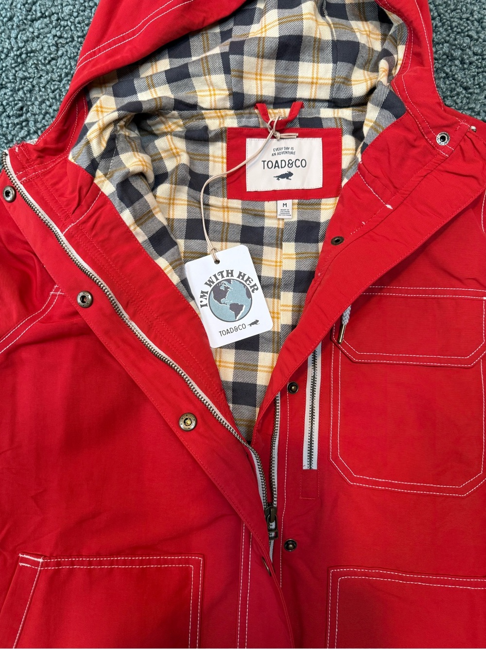 Toad&Co Red Hooded Raincoat with Plaid Lining